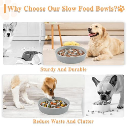 Ceramic Slow Feeder Dog Bowls, 2 Cups Dog Food Dish for Medium and Large Breed, Puzzle Dog Food Bowl for Fast Eater, 28OZ, 8.15 inch(Grey) - color: Grey-L