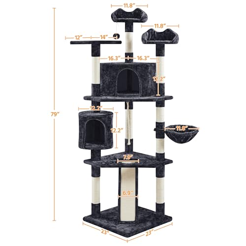Yaheetech 79 in Cat Tree Tower, Multilevel Cat Trees Plush Covered Cat Tower with 2 Extra Large Condos, Comfy Basket, Sisal Scratching Posts - color: Black