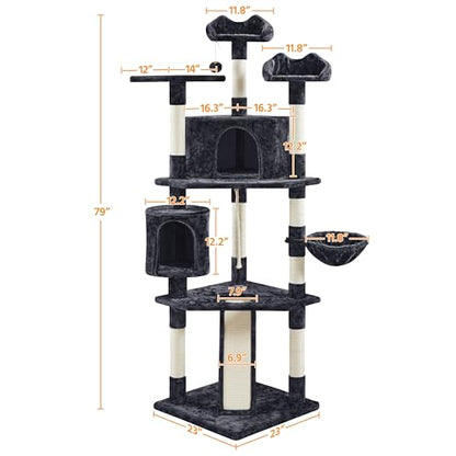 Yaheetech 79 in Cat Tree Tower, Multilevel Cat Trees Plush Covered Cat Tower with 2 Extra Large Condos, Comfy Basket, Sisal Scratching Posts - color: Black
