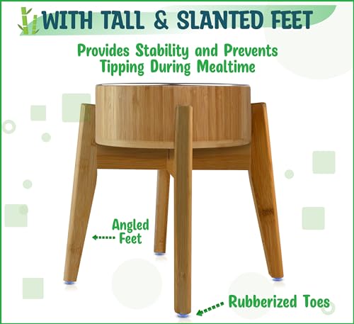 Elevated Dog Bowls for Large Breed - (15-Inch High) Raised Food/Water Bowl with Stand - Bamboo-Steel, Dry/Wet Food Suitable - color: Bamboo-N15, size: Height: 15" Bowl: 9.5"