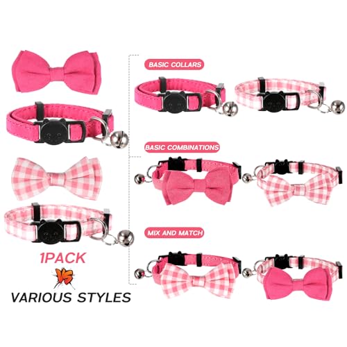 Sliverdew 2 Pcs Kitten Bow Tie Collar with Bell Cute Cat Collar for Girl Boy Cats Breakaway Cat Collars Adjustable Small Puppy Safety Collar Solid Color Plaid Pet Collar (Pink) - color: pink