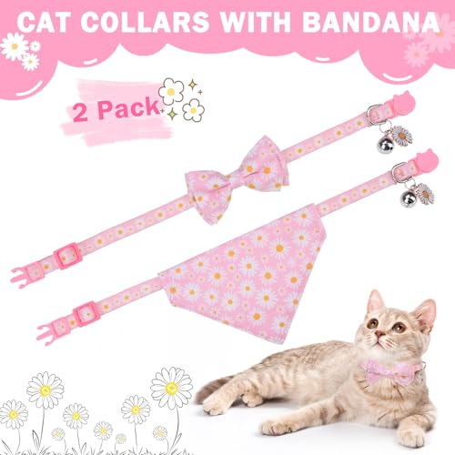 SCENEREAL Spring Cat Collar Breakaway with Bells, 2 Pack Cute Flower Pet Collar with Removable Bow Tie and Bandana, Adjustable Safety Buckle with Daisy Pendants for Girl Cats Kitten - color: Bandanas & Bow (Daisy-Pink)