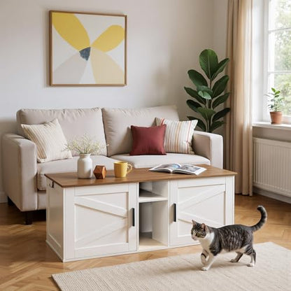 HOOBRO Double Litter Box Enclosure, Modern Cat Litter Box Furniture with Storage and Mat Design, Farmhouse Hidden Litter Box Enclosure with 2 Hooks, White and Walnut WH23MW01 - color: White + Walnut