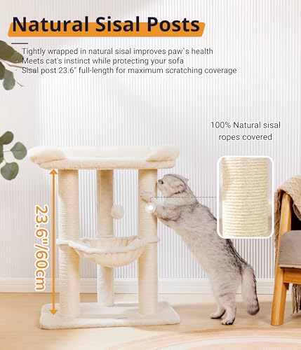 Happi N Pets 28" Cat Tree, Large Bed for Big Cats, Small Cat Tower with Soft Perch for Window Viewing, Stable Cat Tree Tower, Cat Scratching Post with Hammock, Removable Cover-Beige - color: Beige