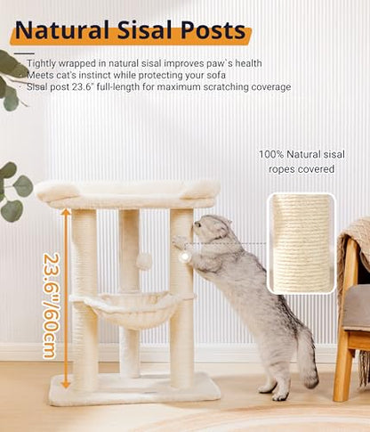 Happi N Pets 28" Cat Tree, Large Bed for Big Cats, Small Cat Tower with Soft Perch for Window Viewing, Stable Cat Tree Tower, Cat Scratching Post with Hammock, Removable Cover-Beige - color: Beige