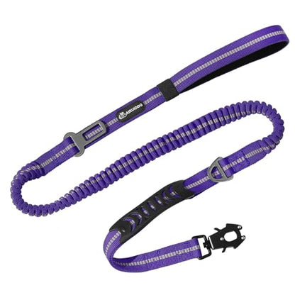 Heavy Duty Tactical Dog Leash, 4-6FT Shock Absorbing Bungee Lead with 2 Padded Handles, Metal Carabiner & Seatbelt Clip, Reflective No-Pull Leash for Medium/Large Dogs Purple - color: Purple