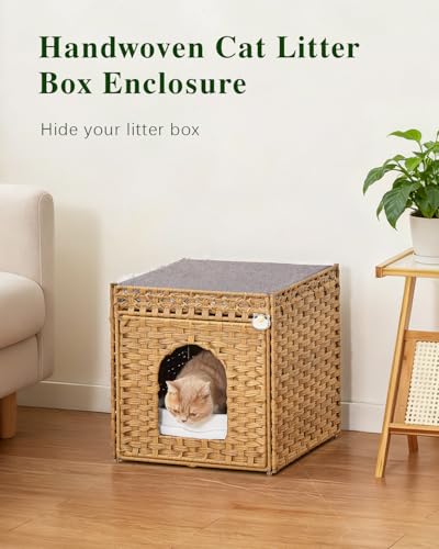 SETVSON Cat Litter Box Enclosure Furniture with One Cat Bed Pad, Hidden Litter Box Handwoven Rattan Cat House with Two S-Shaped Hooks for Living Room, Bedroom, 18.5 x 20.5 x 19.1 Inch,Natural - color: Natural, size: Standard With 1 Cat Bed