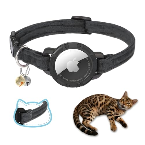 AirTag Cat Collar Breakaway, Double Velvet cat Collar with Apple Air Tag Holder and Bell, Ultra-Durable, Adjustable, Quick Release, Fits Most Girl Boy Small Large Cats (8.5''-12'') Black - color: Black