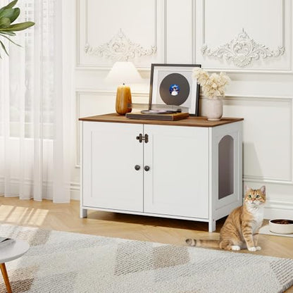 HOOBRO Litter Box Enclosure, Cat Litter Box Furniture with Removable Divider, Hidden Litter Box Furniture, Wooden Cat House, End Side Table, 31" L x 17.5" W x 19.7" H, White and Walnut WH03MW01G2 - color: White + Walnut
