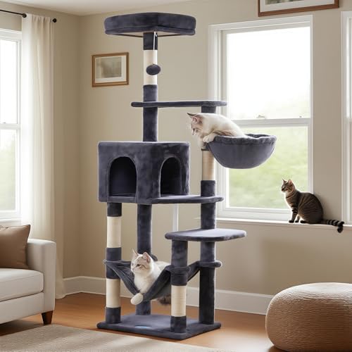 Hey-brother Cat Tree with Large Hammock, Multi-Level Cat Tower for Indoor Cats, Cat Condo with Sisal-Covered Scratching Posts and Top Perch, Smoky Gray MPJ050G - color: Smoky Gray