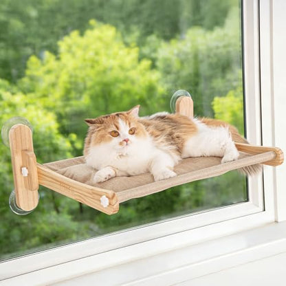 Large Foldable Cat Window Perch - Natural Pine Cat Sill Seat, 50LBS Heavy Duty Cordless Design, Space-Saving No-Scratch Window Hammock for Indoor Cats - size: Large