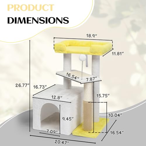 Outvita Cat Tree 27.5in Small Cat Tower, Multi-Level Cat Tree Tower with Cat Scratching Post and Pad, Cozy Cat Condo, Padded Top Bed for Kittens and Indoor Cats, Yellow & White - size: 27.5" Yellow & White