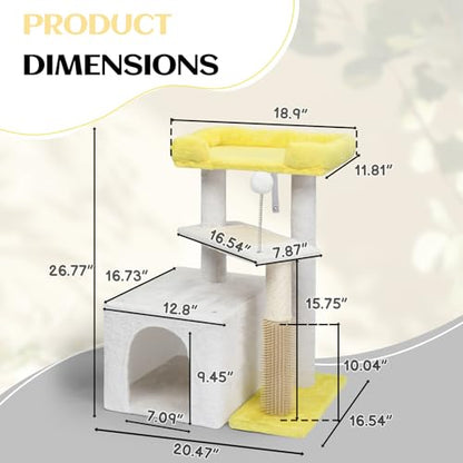 Outvita Cat Tree 27.5in Small Cat Tower, Multi-Level Cat Tree Tower with Cat Scratching Post and Pad, Cozy Cat Condo, Padded Top Bed for Kittens and Indoor Cats, Yellow & White - size: 27.5" Yellow & White