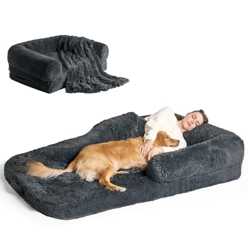 EHEYCIGA Foldable Human Dog Bed, 72"x44"x11" Orthopedic Memory Foam Human Sized Dog Bed, Waterproof Pet Bed for People, Faux Fur Pet Couch for Adult with Non-Slip Bottom, Dark Grey - color: Dark Grey, size: 72x44x11(Folded 44x36)