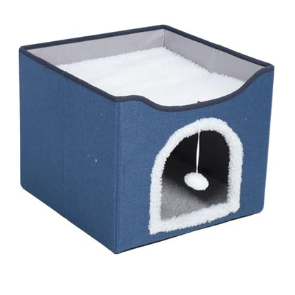 Foldable Cat House, 2 Layer Collapsible Kitten House Multifunctional Cat Cave Bed Soft Cat Scratcher House, Cat Bed Cave Cat Cubes Cat Hideaway for Indoor Cats(Navy Blue) - color: Navy Blue