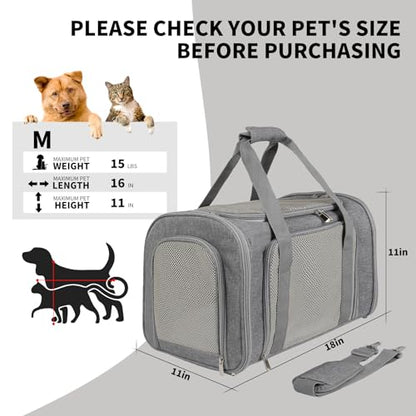 Cat Carrier, Soft-Sided Airline Approved Pet Carrier Case with 4 Ventilated Windows for Cats and Dogs Under 10-25Lbs (17.0 L x 11.0 W x 11.0 H Inch, Grey) - color: grey, size: 17.0"L x 11.0"W x 11.0"H