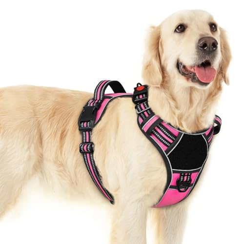 Dog Harness for Large Dogs, Easy Wearing with 3 Buckles, Adjustable No Pull Pet Harness with 2 Rings for Walking, No Chock Reflective Soft Padded Vest with Control Handle, Pink & Black, L - color: Pink & Black, size: Large