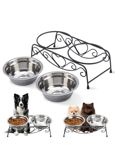Small Dog Bowls with Metal Stand for Small Breeds Cats and Puppies 3.4 Inch Fixed Height Elevated Feeder with 2 Removable Stainless Steel Bowls