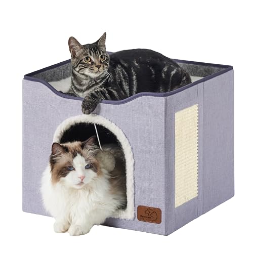 Bedsure Cat Beds for Indoor Cats - Large Cat Cave for Pet Cat House with Fluffy Ball Hanging and Scratch Pad, Foldable Cat Hideaway, 16.5x16.5x13 inches, Cloud Purple - color: Cloud Purple, size: Single