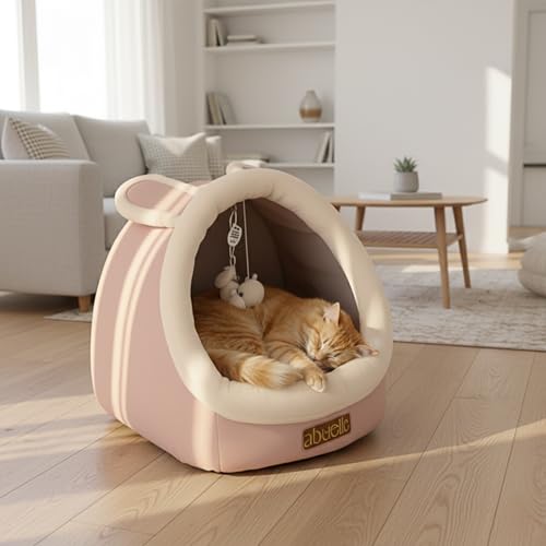 Cat Bed Cave with Hanging Plush – Covered Pet House Tent, Cat Caves for Indoor Cats and Kittens, Soft, Foldable & Cozy Hideaway Hut - Dome Shaped Igloo Bed with Washable Cushion (Medium) - size: Medium