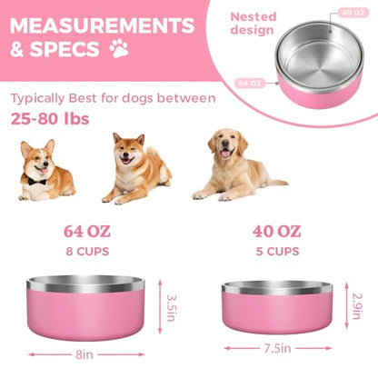 2 Pack Stainless Steel Dog Bowls, Outdoor Dog Water Bowl with Non Slip Rubber Bottom, Dishwasher Safe, Easy to Clean,40oz&64oz Pink - color: PINK