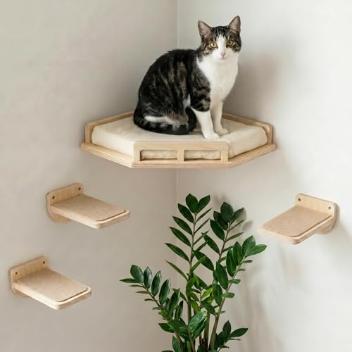 INICIO Cat Wall Shelves - Safe and Sturdy Cat Wall Furniture - Stylish Corner Shelf with 3 Steps for Cats up to 15lbs - Cushioned Perch and Stairs for Climbing and Playing - Natural Wood - color: Natural Wood