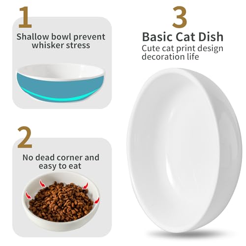 5.3 in Ceramic Cat Dishes - Shallow Food Bowls for Small Pets, 3 Pack for Food and Water -White - color: white