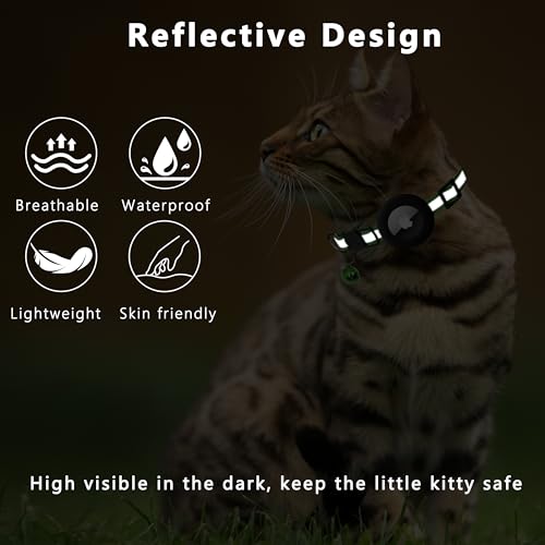 Seyezo Breakaway Airtag Cat Collar, Reflective Cat Collar with Air Tag Holder, Kitten Collar with Bell for Boys Girls Cats, GPS Tracker for Cats 0.4’’ Width Adjustable Safe Kitty Collar, Light Green