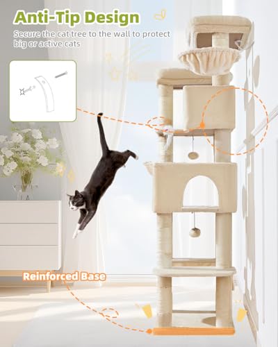 Taoqimiao Cat Tree Tower, 76-Inch Sturdy Cat Tree for Indoor Cats Large Adult Cat Tower with Scratching Posts，2 Condos, 2 Perches, 2 Large Hanging Baskets, Soft Hammock, MS046M Beige - color: Beige