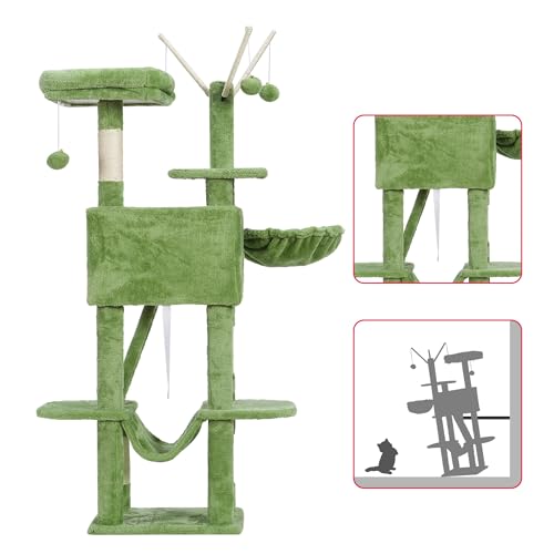 Hey-brother Cat Tree, 53 inch Cat Tower for Indoor Cats, Cat House with Padded Platform Bed, Toy Balls, Large Cozy Condo, Hammocks and Sisal Scratching Posts, Green MPJ019-SGR - color: Green