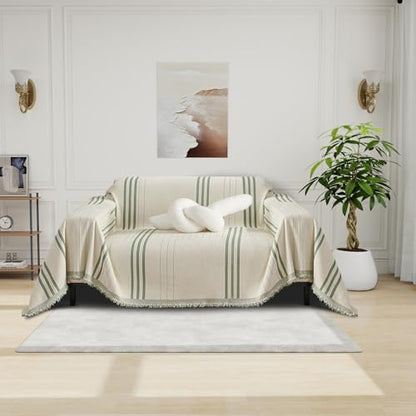 Chenille Armchair Cover Jacquard Sofa Covers Washable Furniture Protector Recliner Couch Cover 1 Cushion Reversible Chair Cover Beige Green Striped Couch Cover Blanket 71"x 71" - color: A0# Beige/Green - Striped, size: Medium 71" x 71"