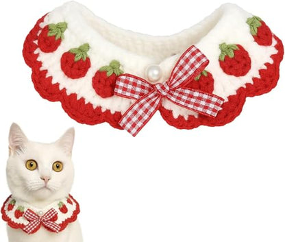 Cat Collar Breakaway, Kitten Collar with Cute Bow Tie Strawberry Pattern Comfortable for Kitty and Small Puppies, Bandana Fits Neck 2-3 Inches (White) - color: white