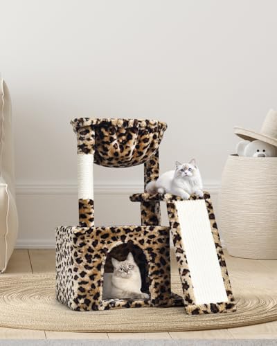 SYANDLVY Leopard Print Cat Tree for Indoor Cats, Small Cat Tower with Scratching Post & Board, Modern Activity House Condo with Cradle, Hanging Ball for Play, Kittens Cave - color: Leopard Print