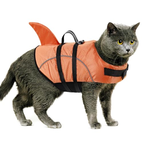 Queenmore Small Dog Life Jacket XXS, Puppy Life Jackets for Small Dogs, Little Dog Life Vest for Swimming/Boating, Cat Life Jacket/Life Vest, Lightweight Shark Pet Water Vest with Handle/Leash Hook - color: Orange, size: XX-Small