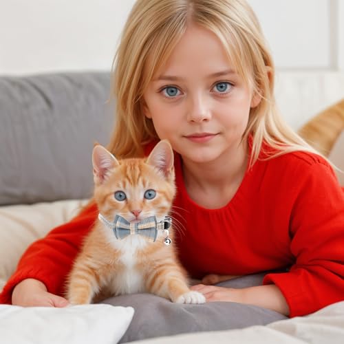 2 PCS Bow Tie Cat Collar with Bells Cat Collar Breakaway Cute Bowtie Plaid Cat Collar with Cat Buckle Soft Adjustable Kitten Accessories for Indoor Cats Puppy and Small Pets Blue and White Plaid