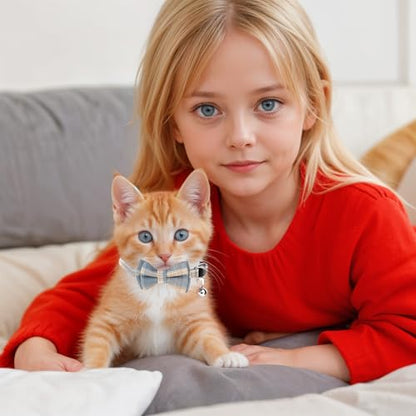 2 PCS Bow Tie Cat Collar with Bells Cat Collar Breakaway Cute Bowtie Plaid Cat Collar with Cat Buckle Soft Adjustable Kitten Accessories for Indoor Cats Puppy and Small Pets Blue and White Plaid