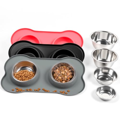 Conlun Dog Bowls with Non-Slip Silicone Mat, Spill Proof Large Food & Water Bowls Set, Easy Clean Dog Food Dish, Dishwasher Safe, Suitable for Dogs Cats Pet Under 90lbs, Large, Grey - color: Grey, size: Large-38oz