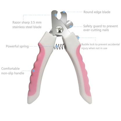 Pet Nail Clippers and Trimmers Set Safety Guard to Avoid Over Cutting Razor Sharp Blades Grooming Tool for All Small Large Dog Cat (Pink) - color: Pink