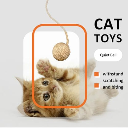 2 Inch Cat Toy Ball with 10 Inch Sisal Rope Wrapping & Quiet Bell - Natural Sisal Material for Endless Feline Fun
