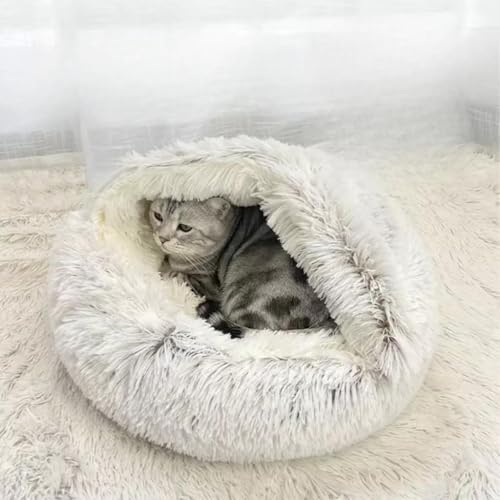 Cat Bed Round Fluffy Hooded Cat Bed Cave, Anti-Anxiety Cave Bed with Hooded Blanket, Cozy Cuddler Luxury Puppy Pet Bed, Anti-Slip Bottom and Machine Washable - color: Gray, size: Medium