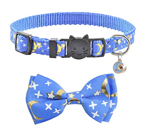 Bowtie Cat Collars Breakaway with Bell, Adjustable Cute Kitty Collars Safety Buckle Kitten Collar for Cat Puppy 7.5-11in (Blue Moon) - color: Blue Moon