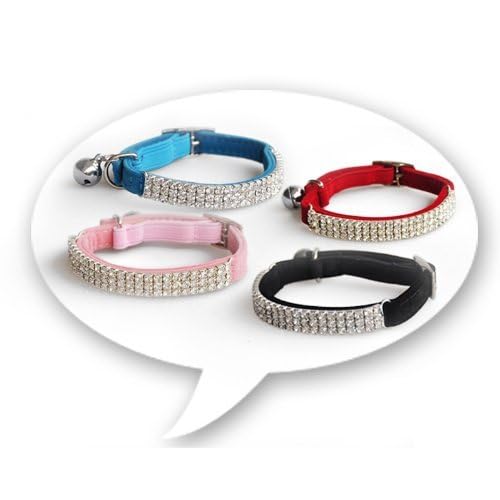 CHUKCHI Soft Velvet Safe Cat Adjustable Collar Bling Diamante with Bells,4 Pcs Black，Pink，red, Black - color: Black+Pink+Red+Blue