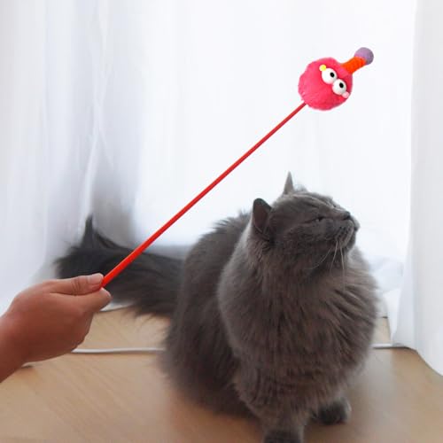 IUHKBH Cat Wands, 3 PCS Fluffy Ball Teaser Wands Interactive Kitten Toys Adorable Cat Toys No Noise Kitty Wand for Energetic Kittens