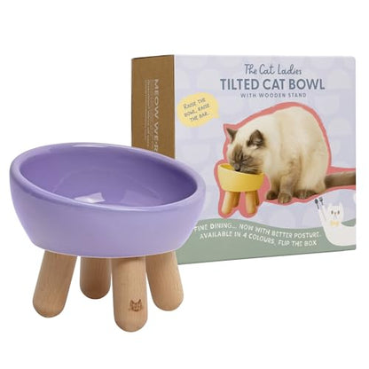 The Cat Ladies Tilted Ceramic Cat Bowl - Elevated Food Bowls Ceramic Pet Bowl - Raised Ceramics Bowls - Elevated & Tilted Design for Comfortable Eating - Dishwasher Safe - Wide Opening - color: Lilac