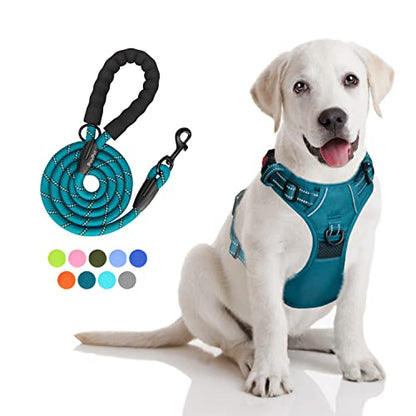 PoyPet No Pull Dog Harness and 5 Feet Leash Set, Release on Neck Reflective Adjustable Pet Vest, Front & Back 2 D-Ring and Soft Padded Pet Harness with Handle for Small to Large Dogs(Tumalo Teal,M) - color: Tumalo Teal, size: Medium