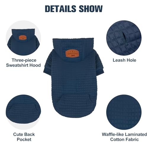 BEAUTYZOO Small Dog Hoodie Sweater with Pockets, Dog Clothes for Small Medium Dogs Boy Girl, Waffle-Like Laminated Pet Coats with Hat and Leash Hole, Navy Blue S - color: Navy Blue, size: S (Back: 12",Chest: 16", Neck: 10")