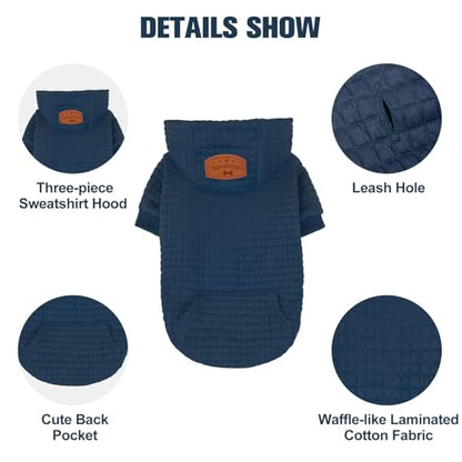BEAUTYZOO Small Dog Hoodie Sweater with Pockets, Dog Clothes for Small Medium Dogs Boy Girl, Waffle-Like Laminated Pet Coats with Hat and Leash Hole, Navy Blue S - color: Navy Blue, size: S (Back: 12",Chest: 16", Neck: 10")