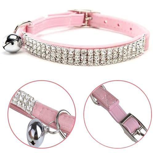 CHUKCHI Soft Velvet Safe Cat Adjustable Collar Bling Diamante with Bells,11 inch for Small Dogs and Cats (Pink) - color: Pink