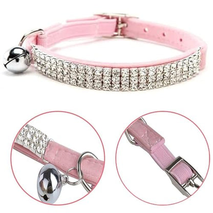 CHUKCHI Soft Velvet Safe Cat Adjustable Collar Bling Diamante with Bells,11 inch for Small Dogs and Cats (Pink) - color: Pink