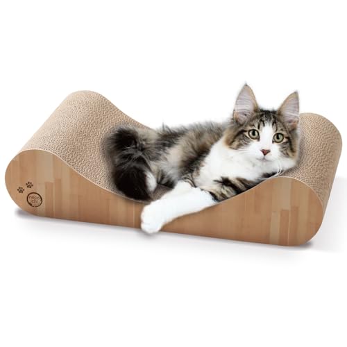 Necoichi Cardboard Cat Scratcher Bed for Indoor Cats - Cat Scratching Board, Horizontal Cat Scratch Pad Lounger with Reversible Usability and Extra Comfort for Lounge, Curved (18" Regular, Oak) - color: Oak, size: Regular